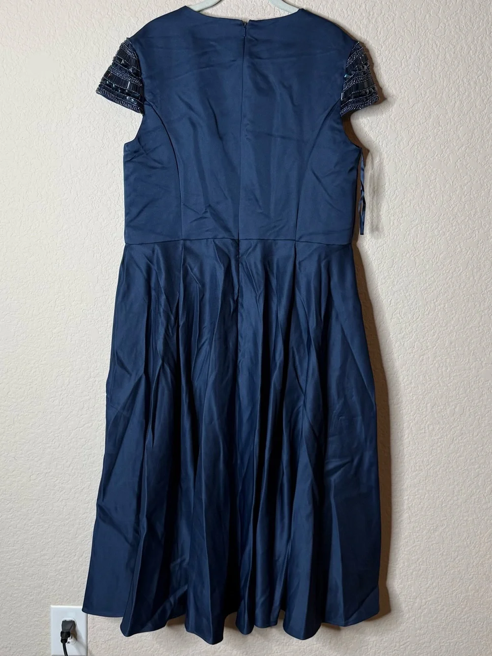 Mac Duggal Navy Blue Hand-Beaded Cap Sleeve A-Line Midi Dress